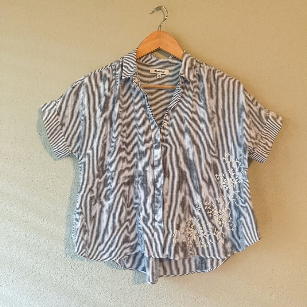 Madewell Blue Striped Button Down with White Embroidery Size XS